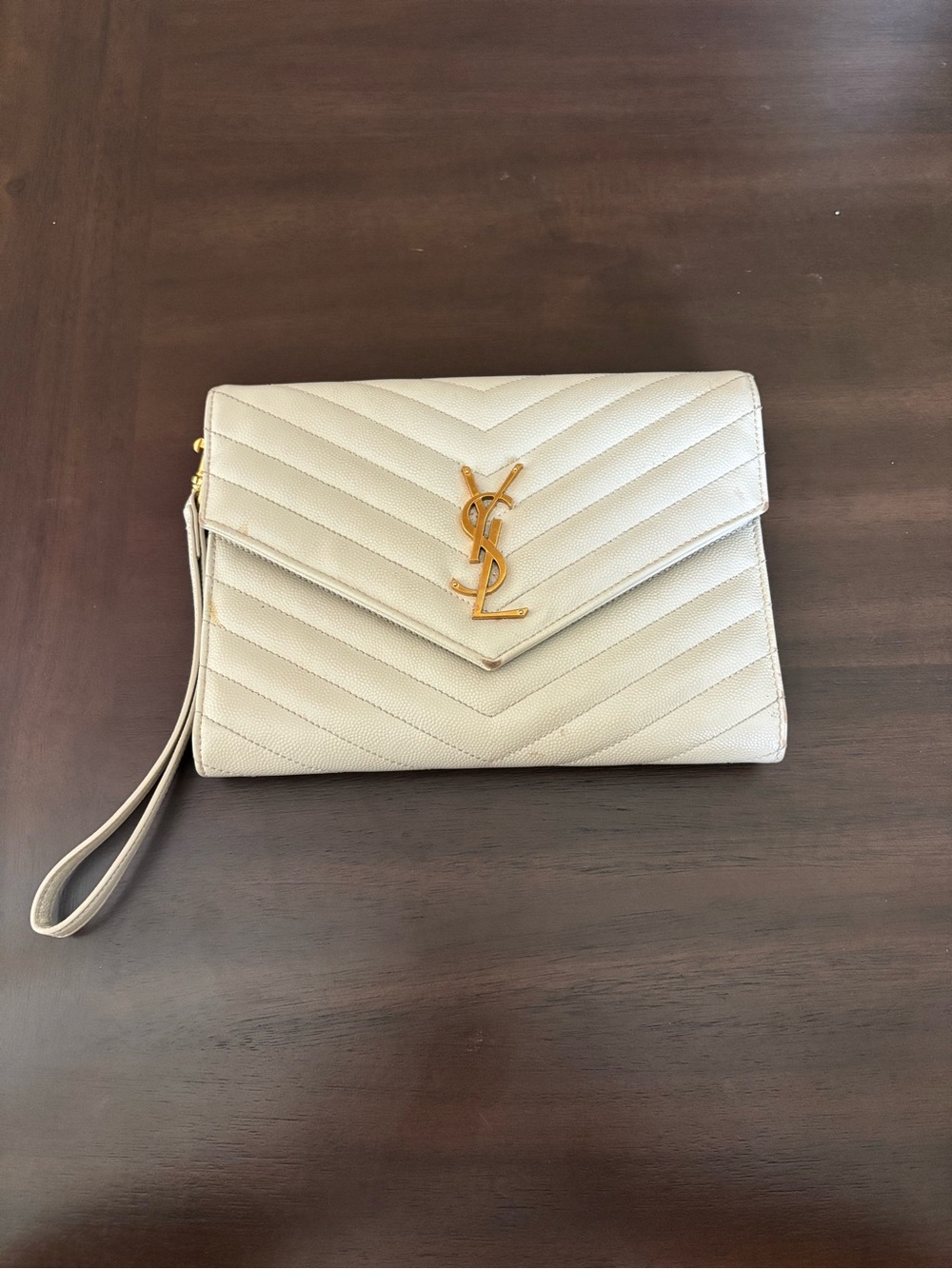 Saint Laurent Ivory Quilted Envelope Wristlet with Gold YSL Logo